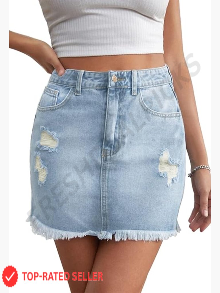 Bodycon Denim Mini Skirt High Waist Stretchy Frayed Hem Casual Chic
